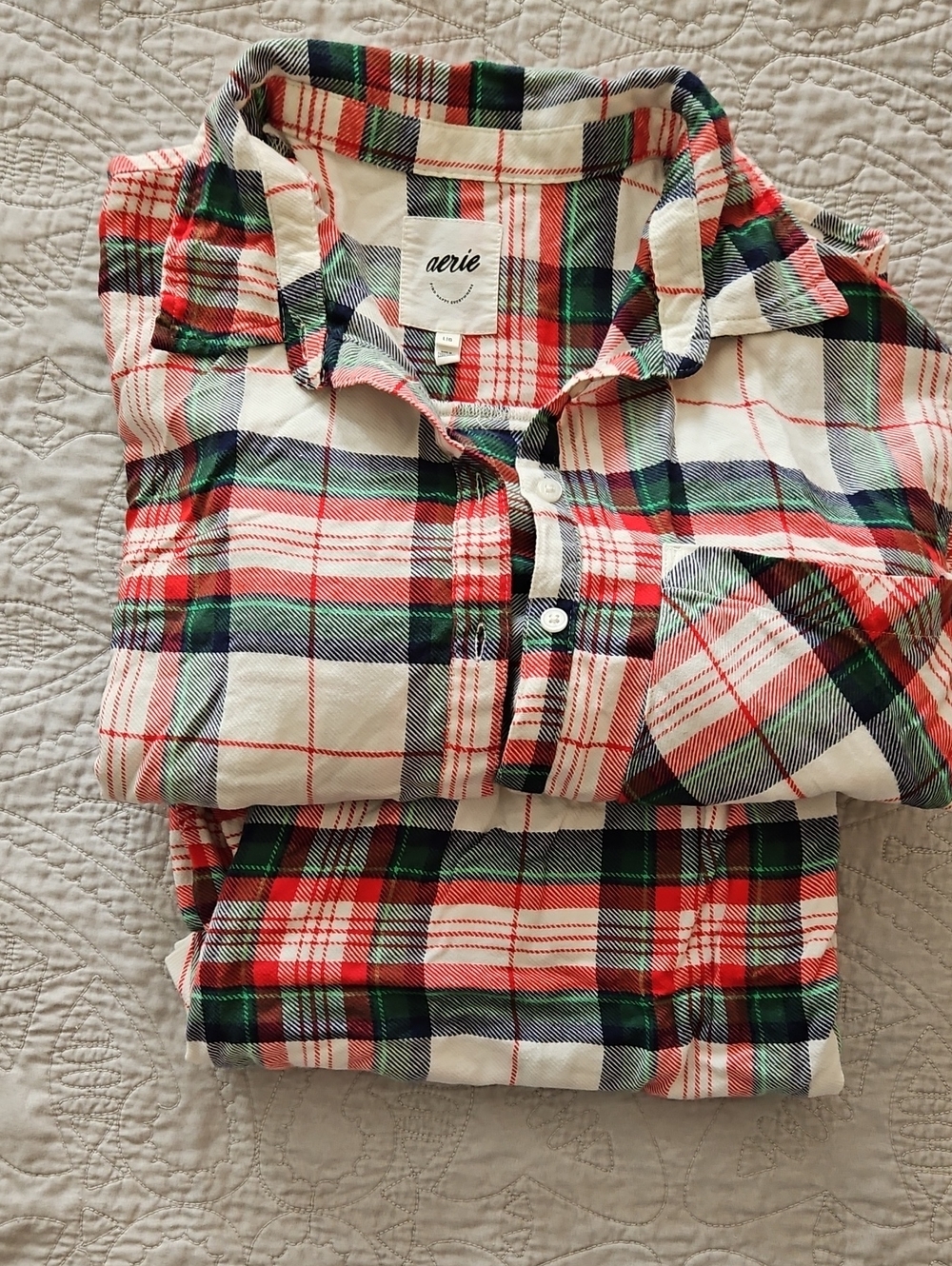 aerie Kids Plaid Pajama Top - Red, Green, White